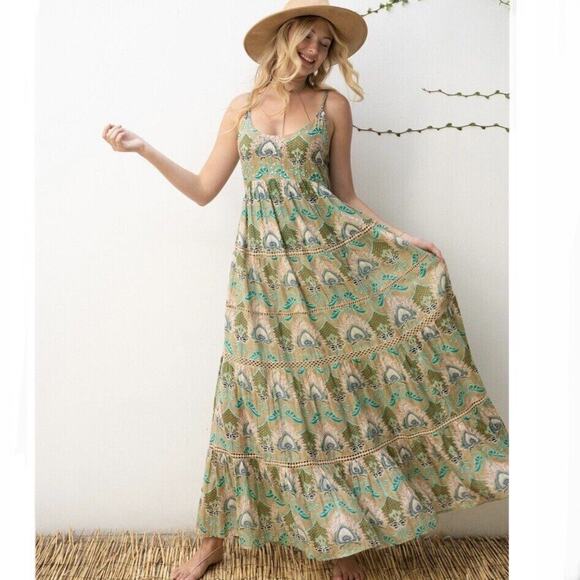 Barok NWT Elastic Smocked Back Scoop Neck Dress Green Size L - Picture 1 of 9